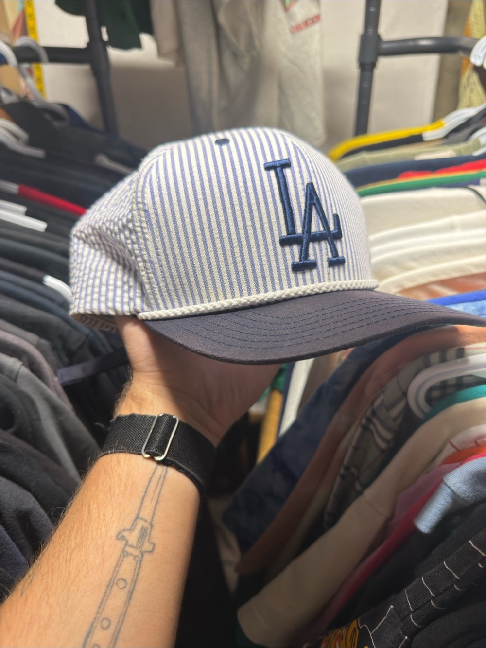 1980s American needleLos Angeles Dodgers Kids Striped Rope Cap in Navy and White